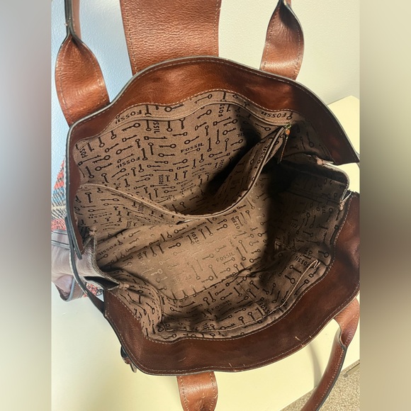 FOSSIL Vintage Reissue Brown Leather Silhouettes Plaid Russet Tote weekender bag - Picture 11 of 14